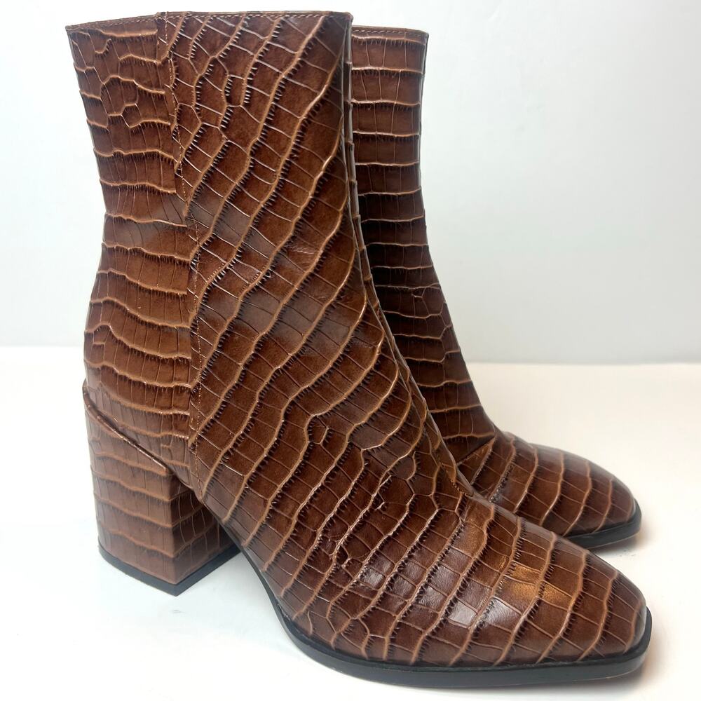 Vionic Harper Croc-Embossed Leather Block Heel Ankle Boots Booties Brown Size 7